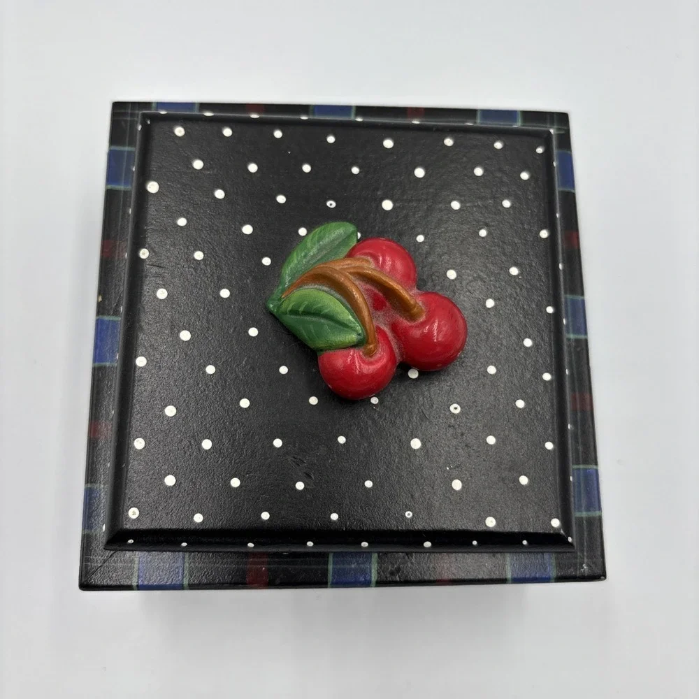 VTG Handcrafted Wooden Box w/ Lid‎ Cherries on Lid Polka Dot Striped Signed 1996